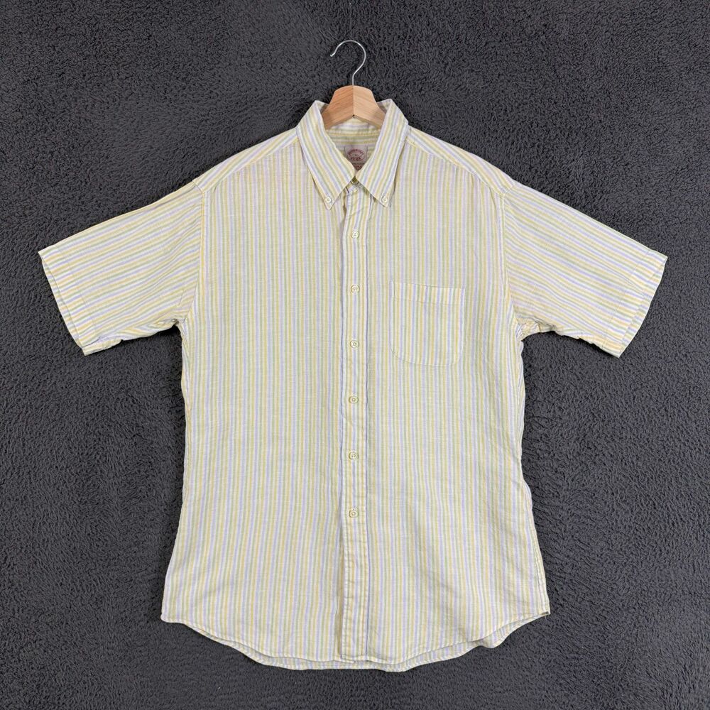 Brooks Brothers Shirt Mens Large Yellow Striped 100% Linen Short Sleeve Preppy